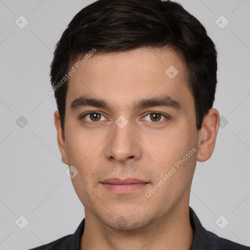 Neutral white young-adult male with short  brown hair and brown eyes
