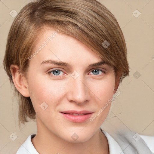 Joyful white young-adult female with medium  brown hair and blue eyes