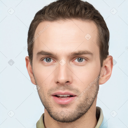 Neutral white young-adult male with short  brown hair and grey eyes