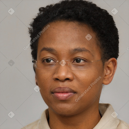 Neutral black young-adult female with short  black hair and brown eyes