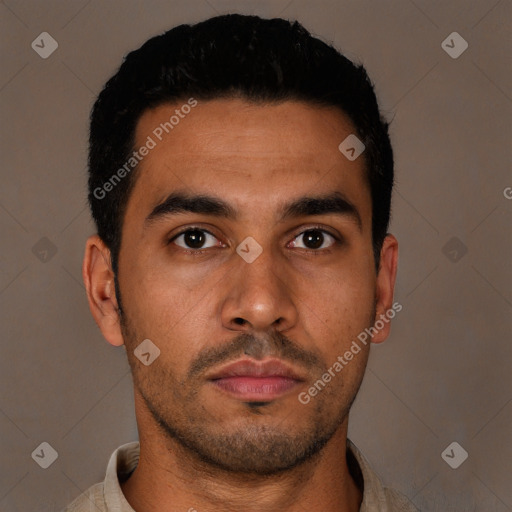 Neutral latino young-adult male with short  black hair and brown eyes