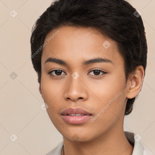 Neutral asian young-adult female with short  brown hair and brown eyes