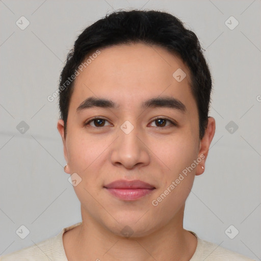 Neutral asian young-adult male with short  black hair and brown eyes