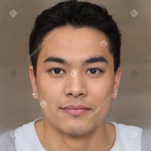 Neutral asian young-adult male with short  black hair and brown eyes