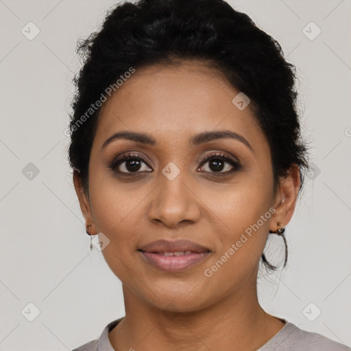 Joyful latino young-adult female with short  black hair and brown eyes