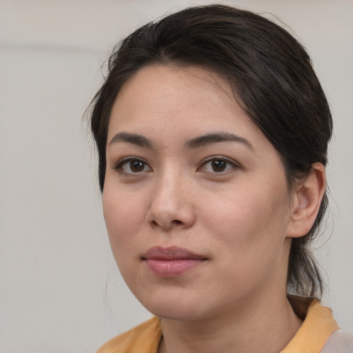 Neutral white young-adult female with medium  brown hair and brown eyes