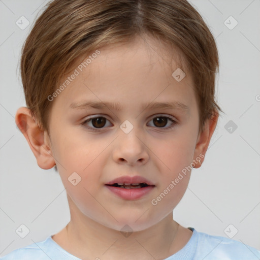 Joyful white child female with short  brown hair and brown eyes