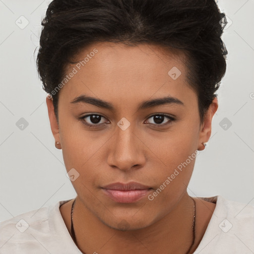 Neutral white young-adult female with short  brown hair and brown eyes