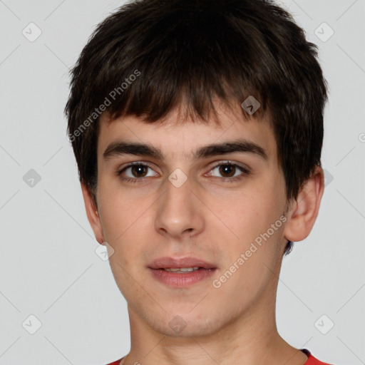 Neutral white young-adult male with short  brown hair and brown eyes