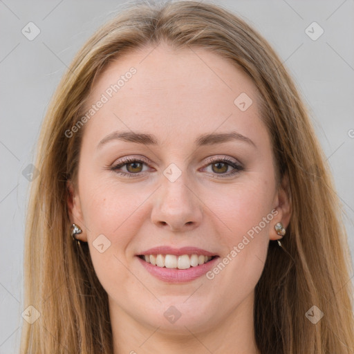 Joyful white young-adult female with long  brown hair and grey eyes