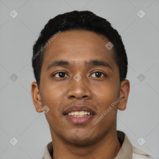Neutral black young-adult male with short  black hair and brown eyes
