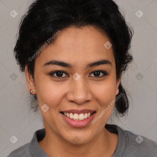 Joyful latino young-adult female with medium  black hair and brown eyes