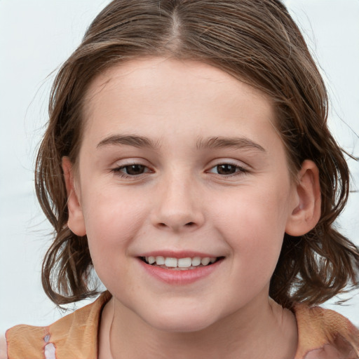 Joyful white child female with medium  brown hair and brown eyes