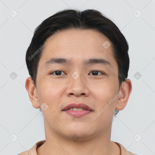 Joyful asian young-adult male with short  brown hair and brown eyes