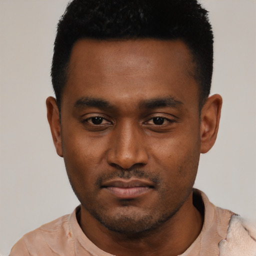 Neutral black young-adult male with short  black hair and brown eyes