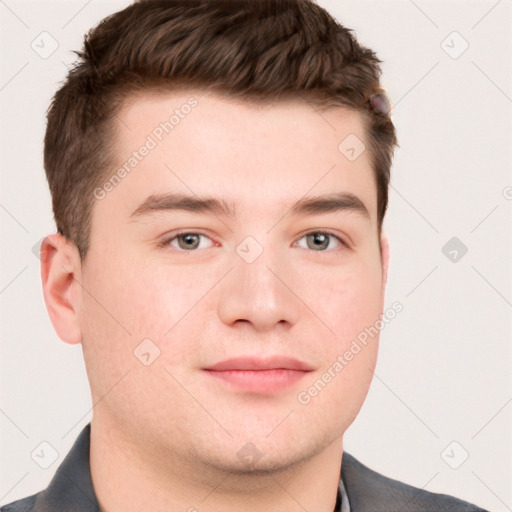 Neutral white young-adult male with short  brown hair and grey eyes