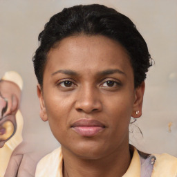 Neutral latino young-adult female with short  black hair and brown eyes