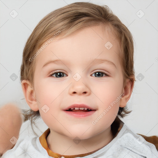 Joyful white child female with medium  brown hair and blue eyes