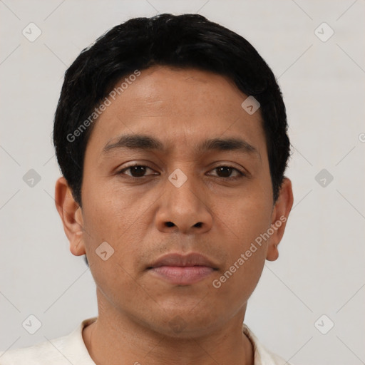 Neutral asian young-adult male with short  black hair and brown eyes