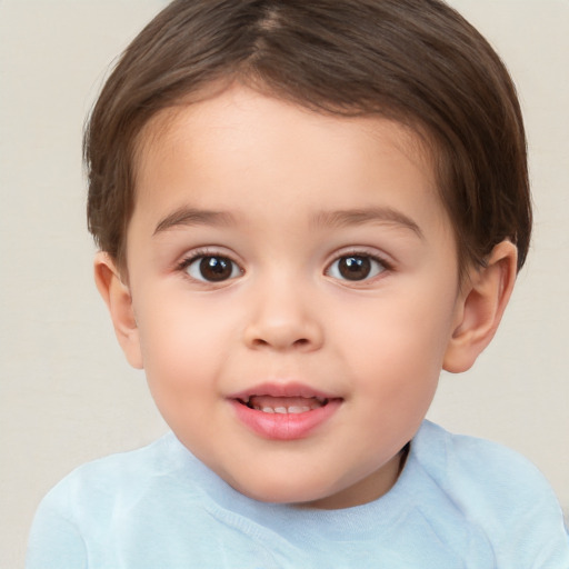 Joyful white child female with short  brown hair and brown eyes