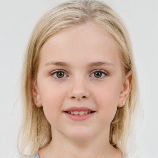 Joyful white child female with medium  brown hair and blue eyes