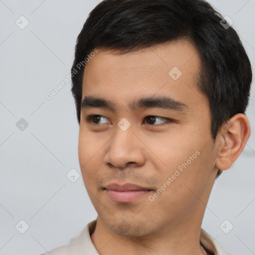 Neutral asian young-adult male with short  black hair and brown eyes