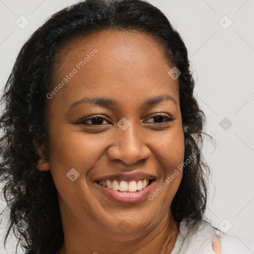 Joyful black young-adult female with long  brown hair and brown eyes