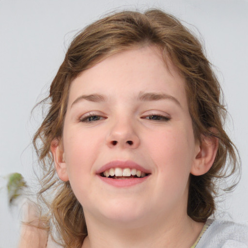 Joyful white child female with medium  brown hair and blue eyes