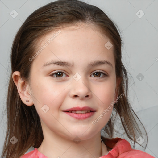 Joyful white child female with medium  brown hair and brown eyes