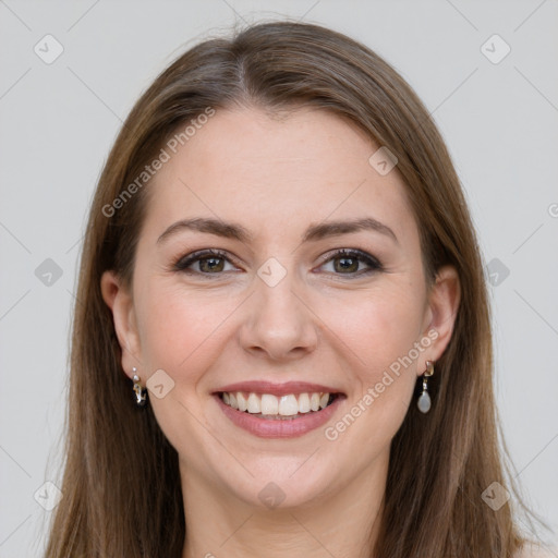 Joyful white young-adult female with long  brown hair and grey eyes