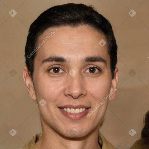 Joyful white adult male with short  brown hair and brown eyes