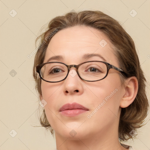 Neutral white adult female with medium  brown hair and brown eyes