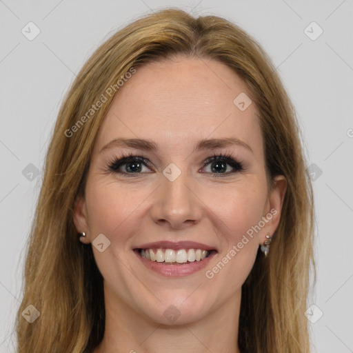 Joyful white young-adult female with long  brown hair and brown eyes