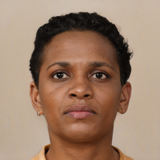 Neutral black young-adult female with short  brown hair and brown eyes