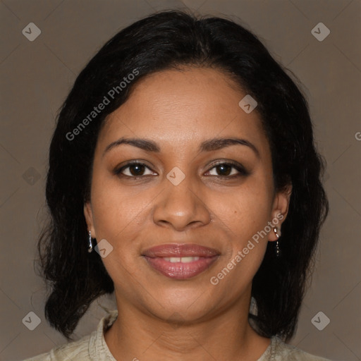 Joyful black young-adult female with medium  brown hair and brown eyes