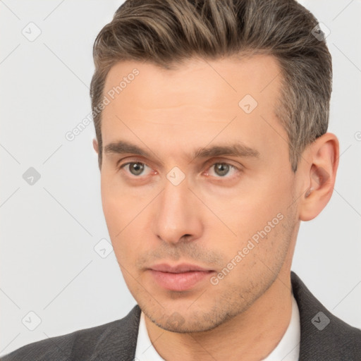 Neutral white adult male with short  brown hair and brown eyes