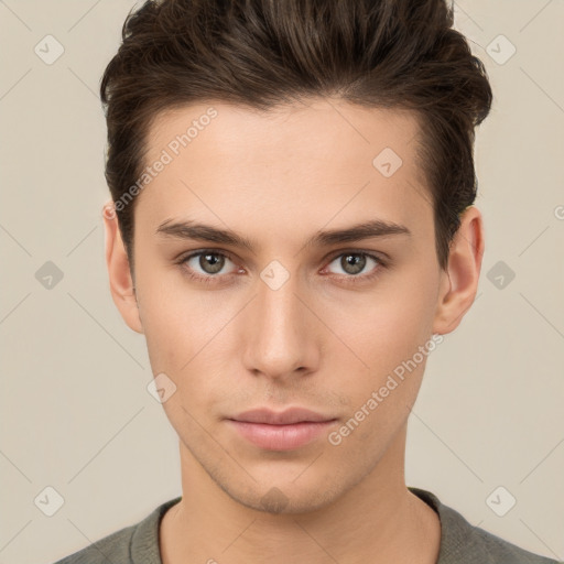 Neutral white young-adult male with short  brown hair and brown eyes