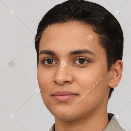 Joyful white young-adult female with short  black hair and brown eyes