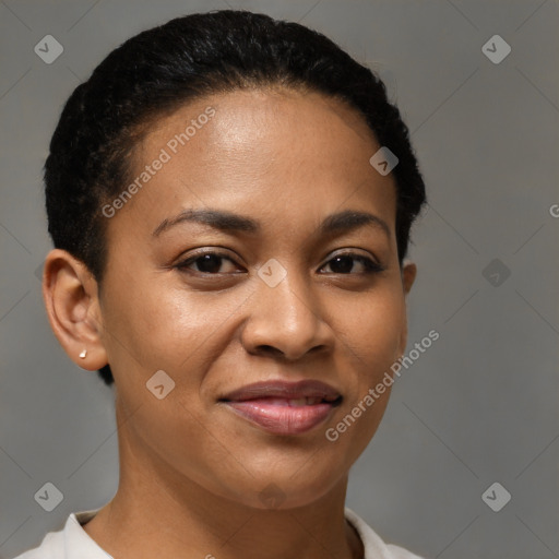 Joyful latino young-adult female with short  brown hair and brown eyes