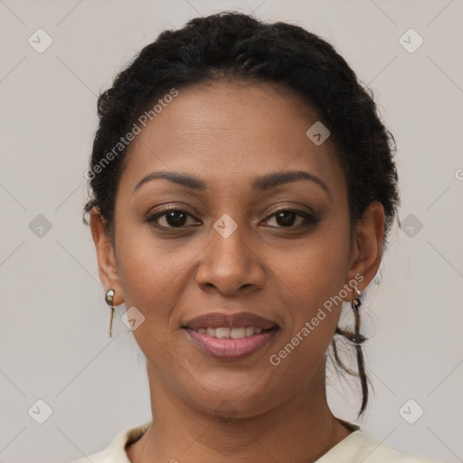 Joyful latino young-adult female with short  brown hair and brown eyes