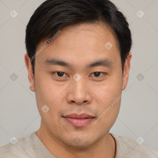 Neutral asian young-adult male with short  brown hair and brown eyes