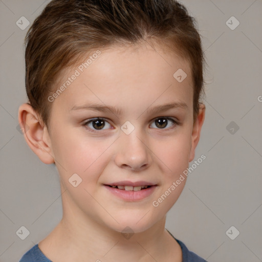 Joyful white child female with short  brown hair and brown eyes