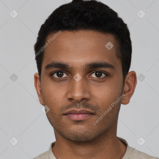 Neutral latino young-adult male with short  black hair and brown eyes