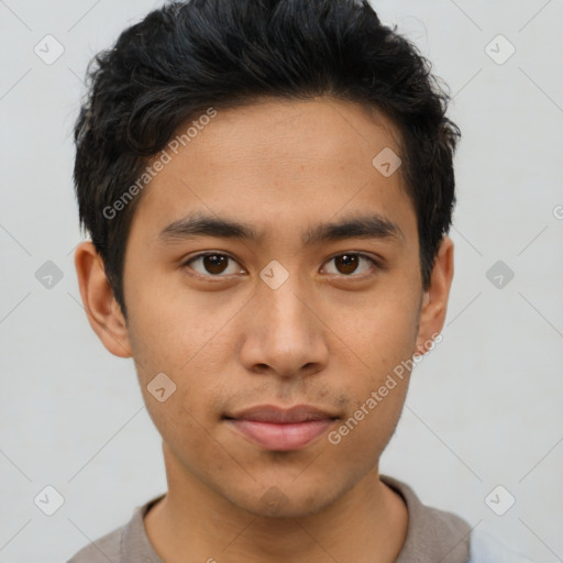 Neutral asian young-adult male with short  brown hair and brown eyes