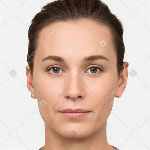 Neutral white young-adult female with short  brown hair and brown eyes