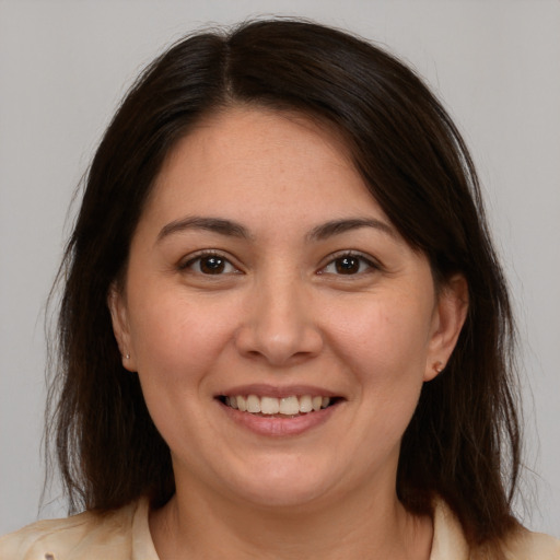 Joyful white adult female with medium  brown hair and brown eyes