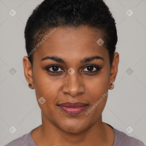 Joyful black young-adult female with short  black hair and brown eyes