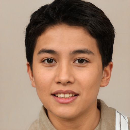 Joyful asian young-adult male with short  brown hair and brown eyes