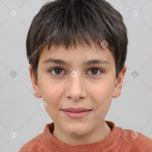 Joyful white child male with short  brown hair and brown eyes