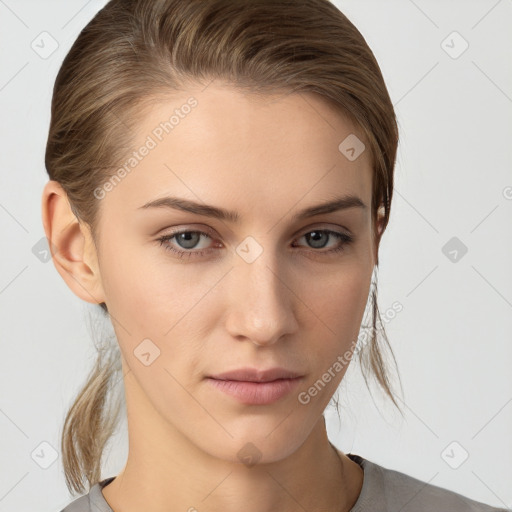 Neutral white young-adult female with medium  brown hair and grey eyes